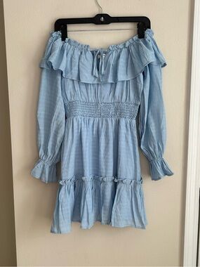 NWT Privy Light Blue Ruffled Off The Shoulder Smocked Tiered Mini Dress Size M